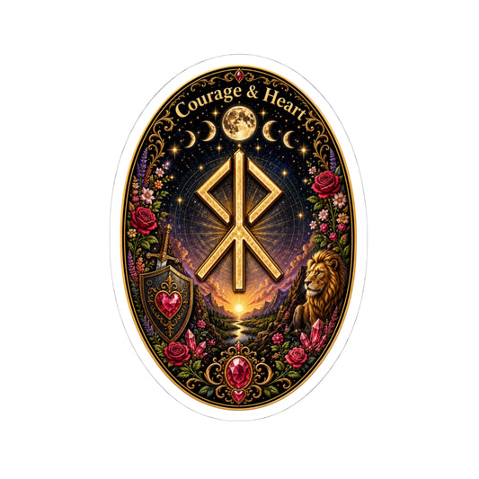 Courage & Hearts Rune Oval Sticker — Lion, Roses & Moon Rune Kiss-Cut Sticker