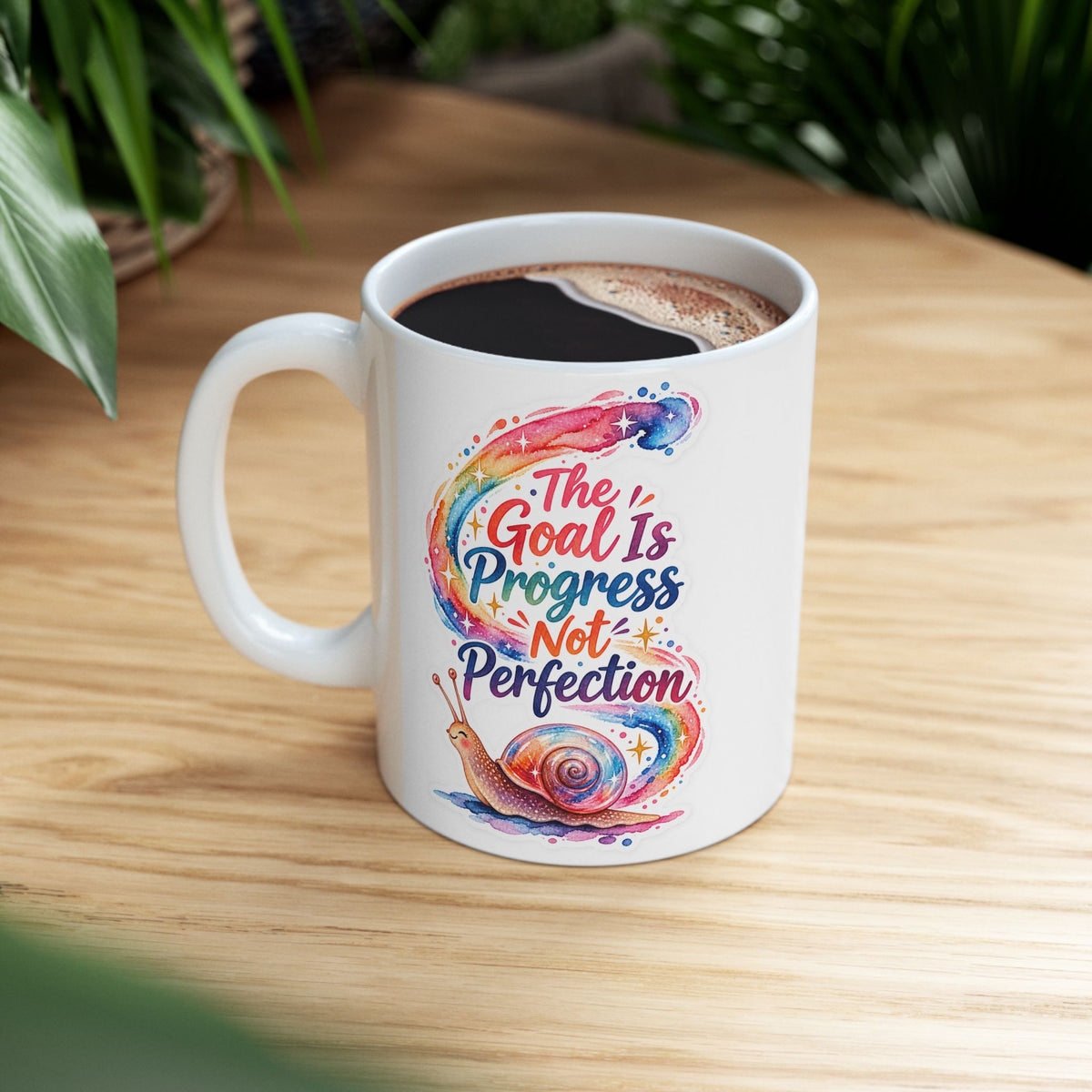 Colorful Snail Ceramic Mug — 'Progress, Not Perfection' Inspirational Coffee Cup (11oz)