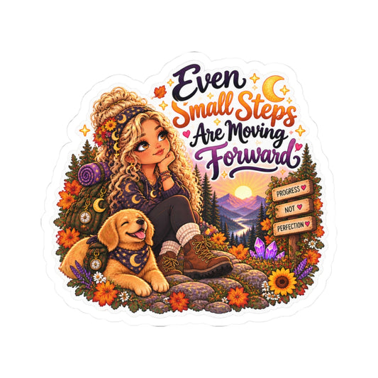 "Even Small Steps Are Moving Forward" Outdoor Adventure Motivational Sticker blonde girl