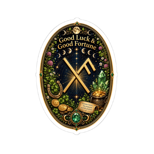Good Luck & Good Fortune Rune Oval Sticker — Lucky Symbols, Crystals & Gold Coins Kiss-Cut Sticker