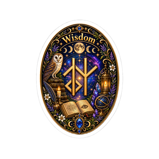 Wisdom Rune Sticker — Owl, Moon & Mystic Book Kiss‑Cut Sticker