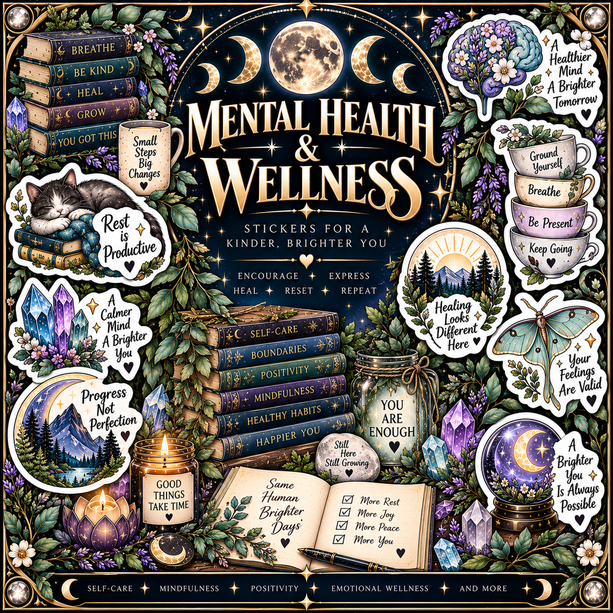 Mental health and self-care stickers with uplifting messages