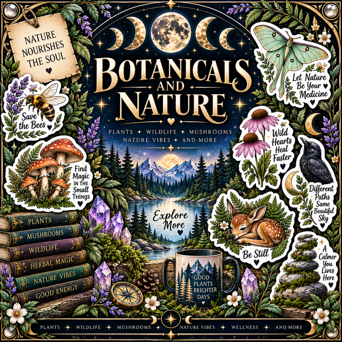 Botanical nature stickers with wildflowers, mushrooms, and butterflies