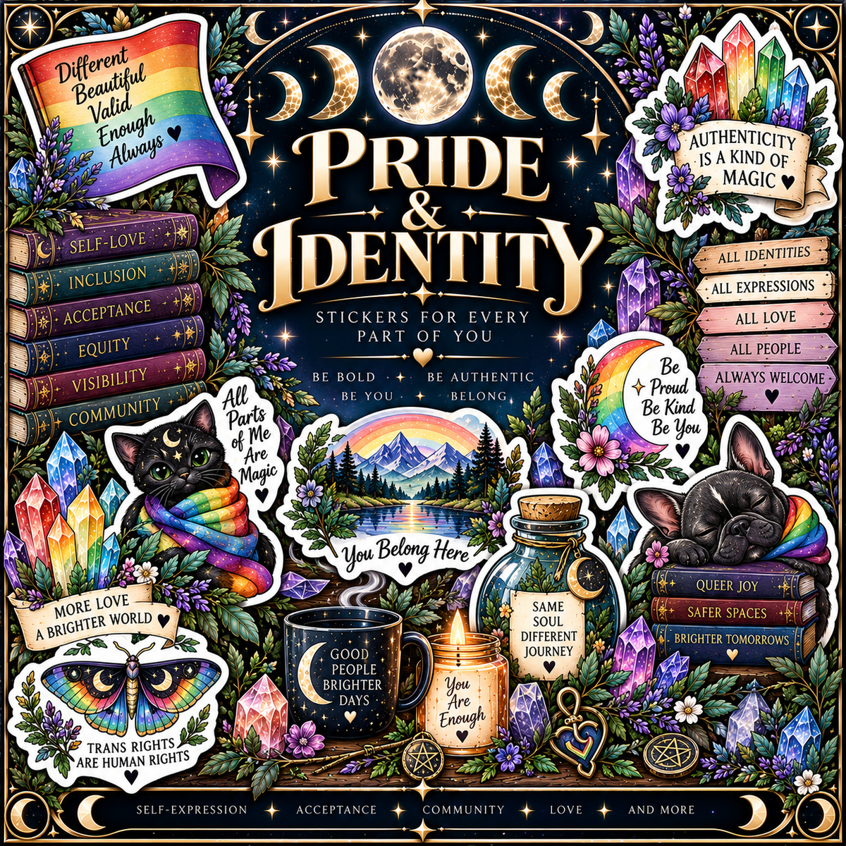 Pride and LGBTQ+ identity stickers with rainbow designs