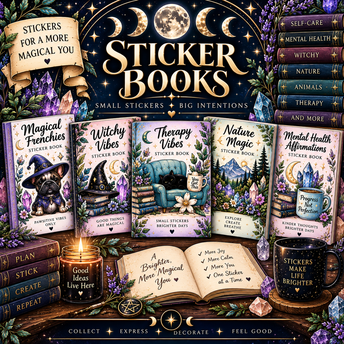 Themed sticker books for journaling and creative projects