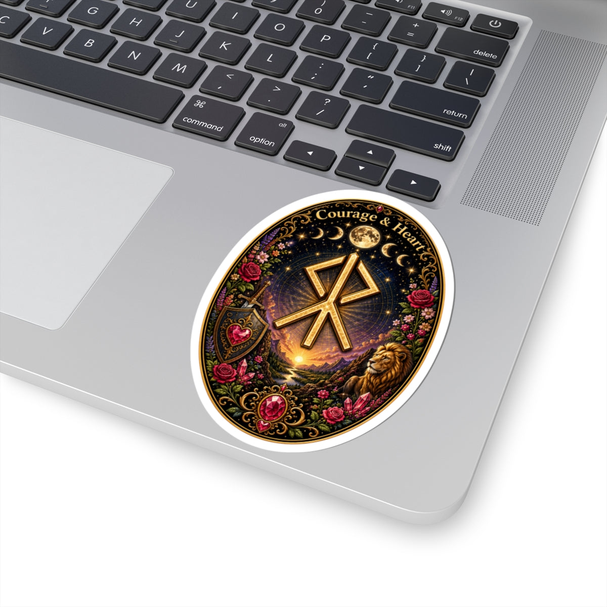 Courage & Hearts Rune Oval Sticker — Lion, Roses & Moon Rune Kiss-Cut Sticker