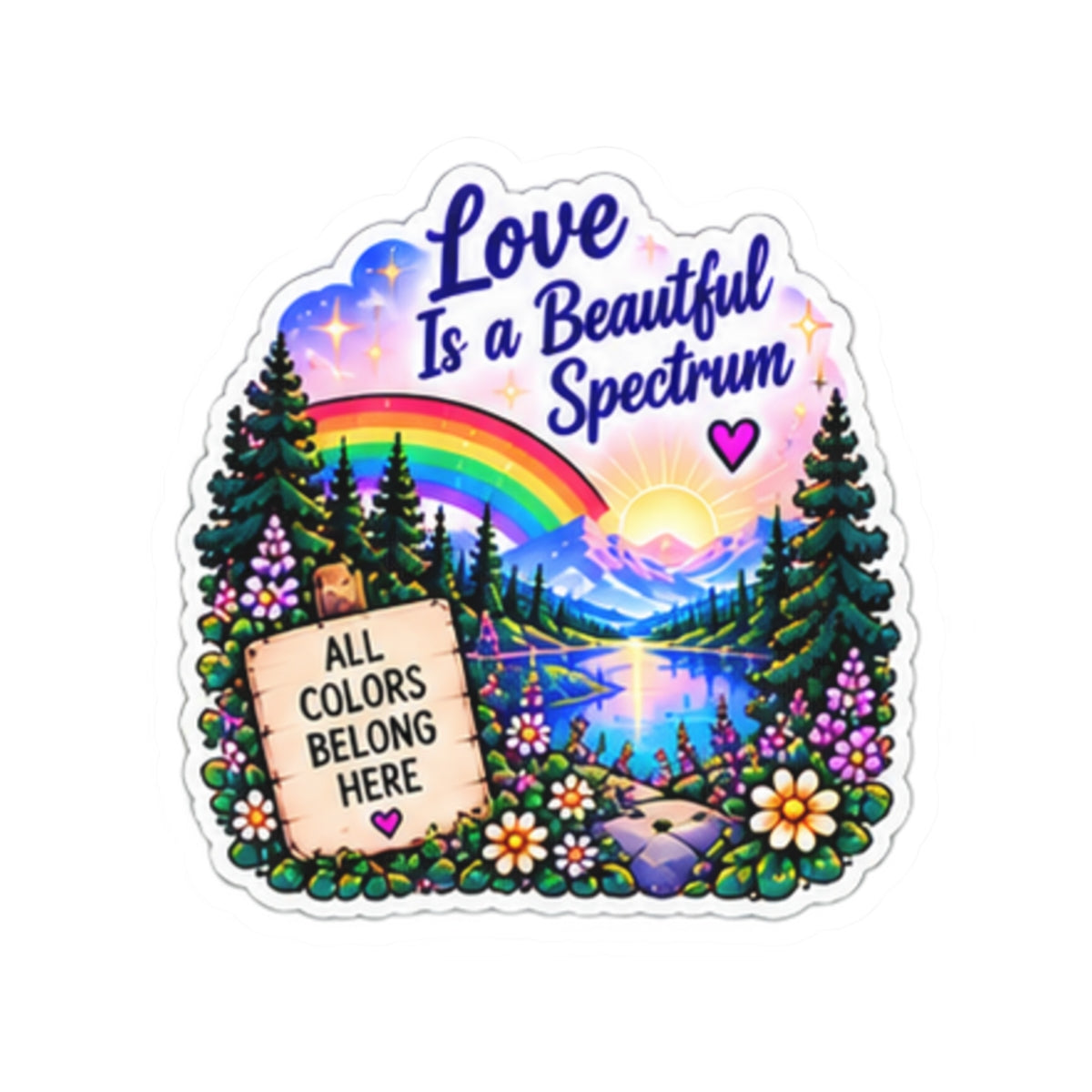 Love Is a Beautiful Spectrum Rainbow Sticker — 'All Colors Belong Here' Scenic Kiss-Cut Sticker