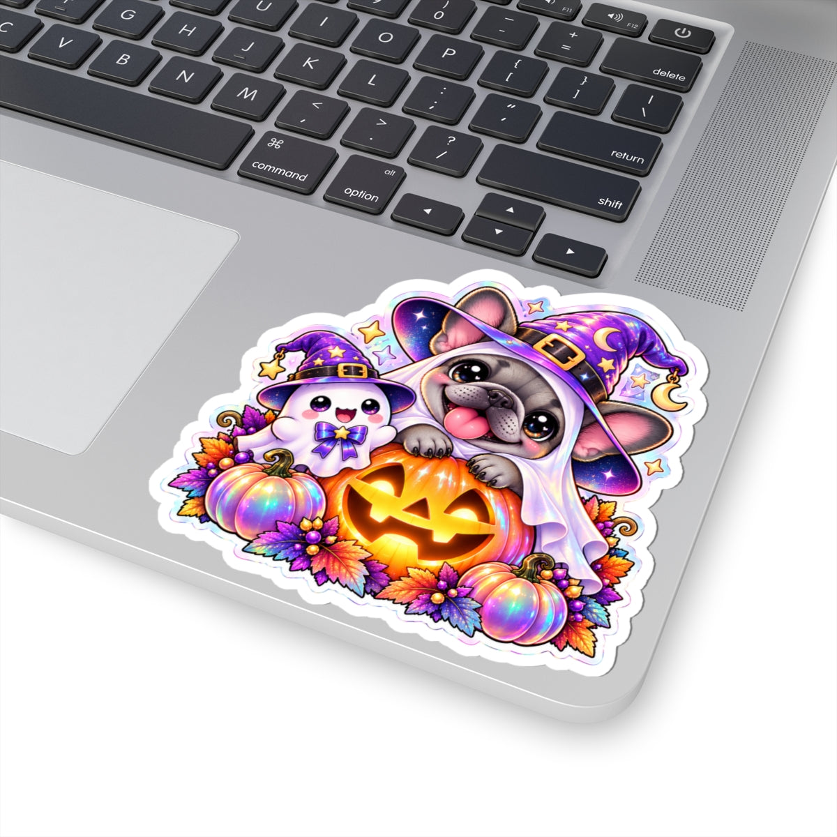 Halloween Frenchie & Ghost Sticker — Cute Witch Hat Jack-o'-Lantern Kiss-Cut Sticker