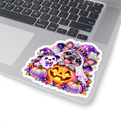 Halloween Frenchie & Ghost Sticker — Cute Witch Hat Jack-o'-Lantern Kiss-Cut Sticker