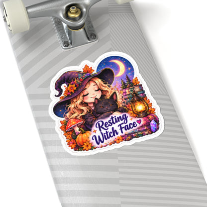 Resting Witch Face Cute Autumn Witch with Cat, Moonlit Lantern Sticker