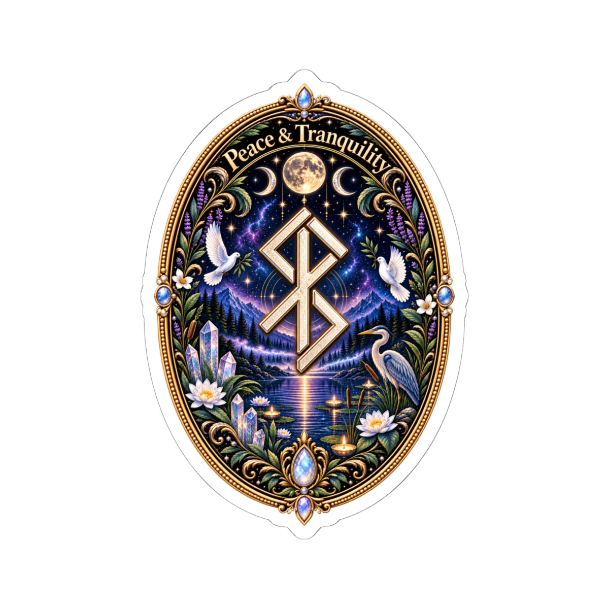 Peace & Tranquility Rune Sticker with Birds — Mystic Nature Kiss-Cut Sticker