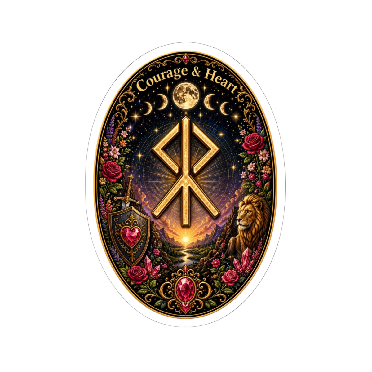 Courage & Hearts Rune Oval Sticker — Lion, Roses & Moon Rune Kiss-Cut Sticker