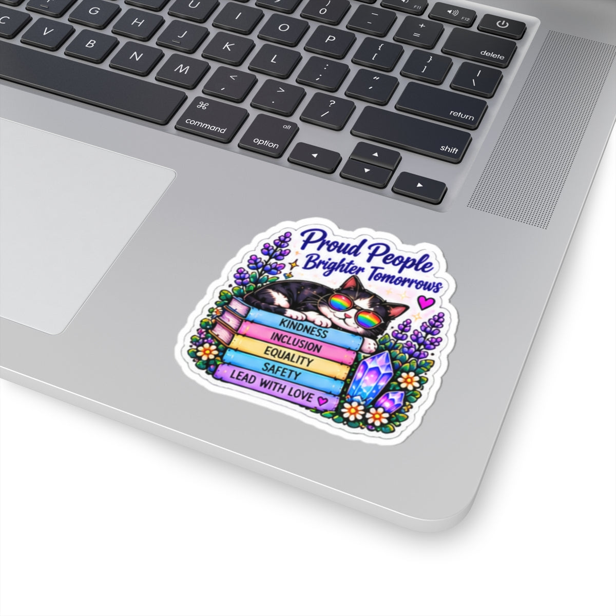 Proud People Brighter Tomorrow Sticker — Rainbow Cat on Books (Kindness • Inclusion • Equality • Safety)