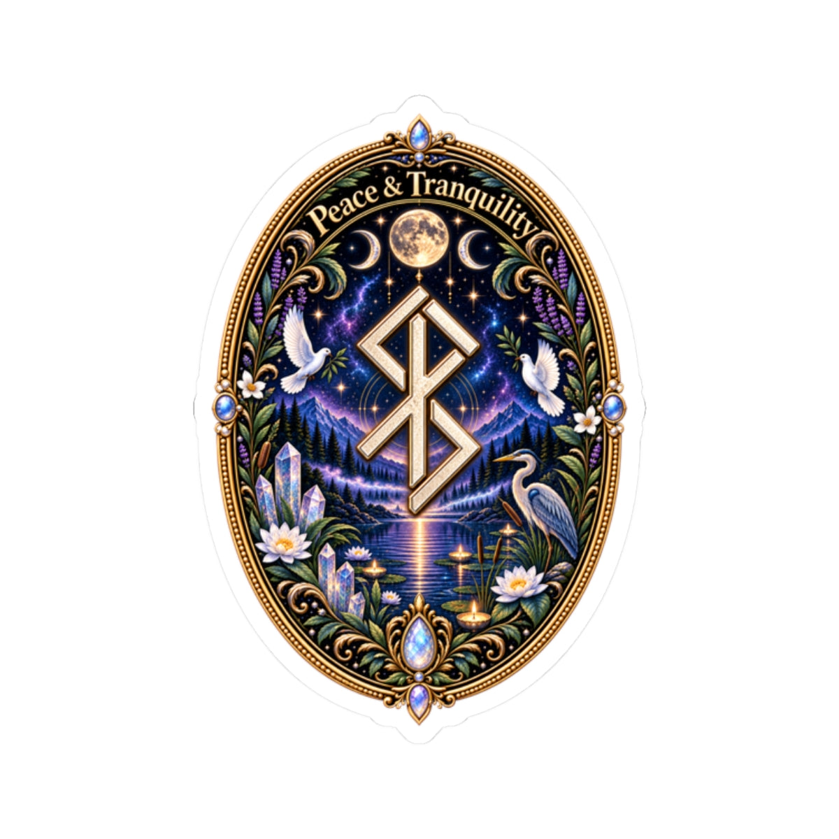 Peace & Tranquility Rune Sticker with Birds — Mystic Nature Kiss-Cut Sticker