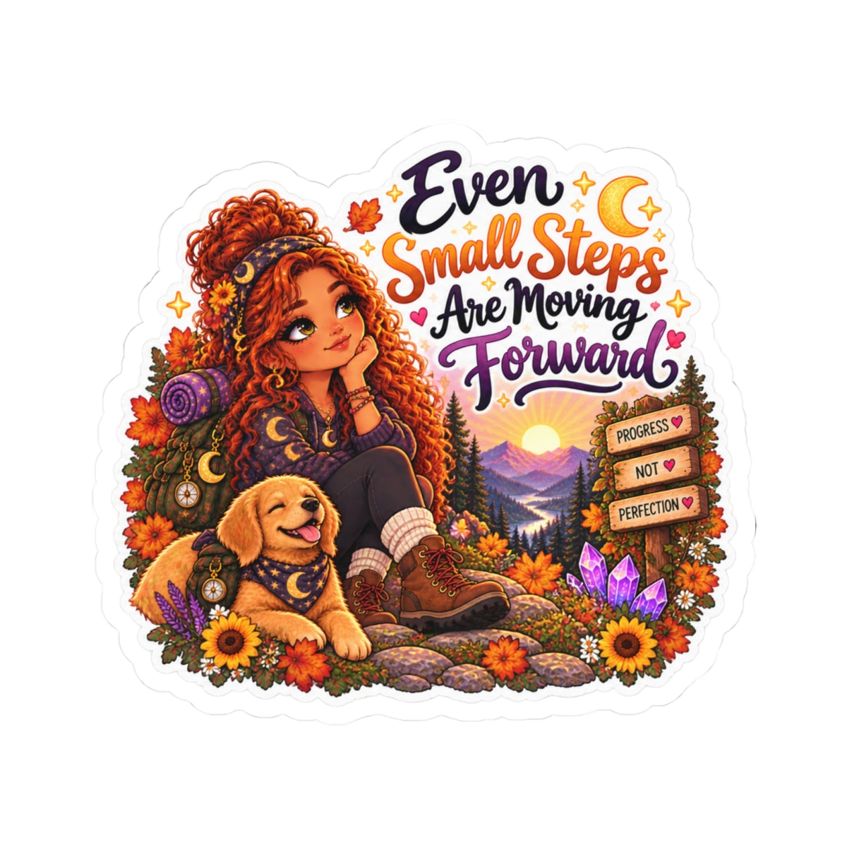 “Even Small Steps Are Moving Forward” Inspirational Hiking Sticker redhead girl