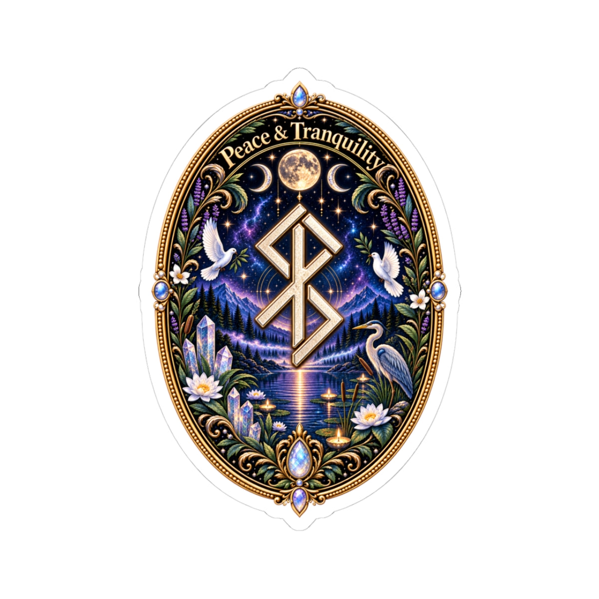 Peace & Tranquility Rune Sticker with Birds — Mystic Nature Kiss-Cut Sticker