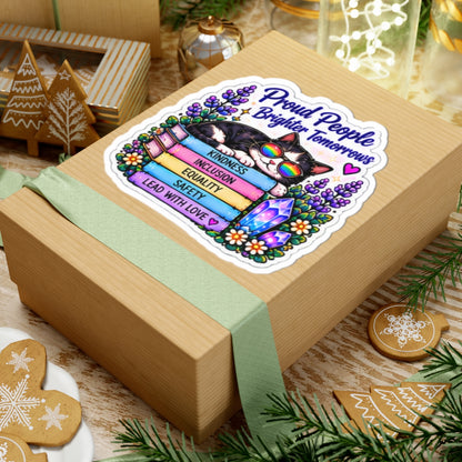 Proud People Brighter Tomorrow Sticker — Rainbow Cat on Books (Kindness • Inclusion • Equality • Safety)