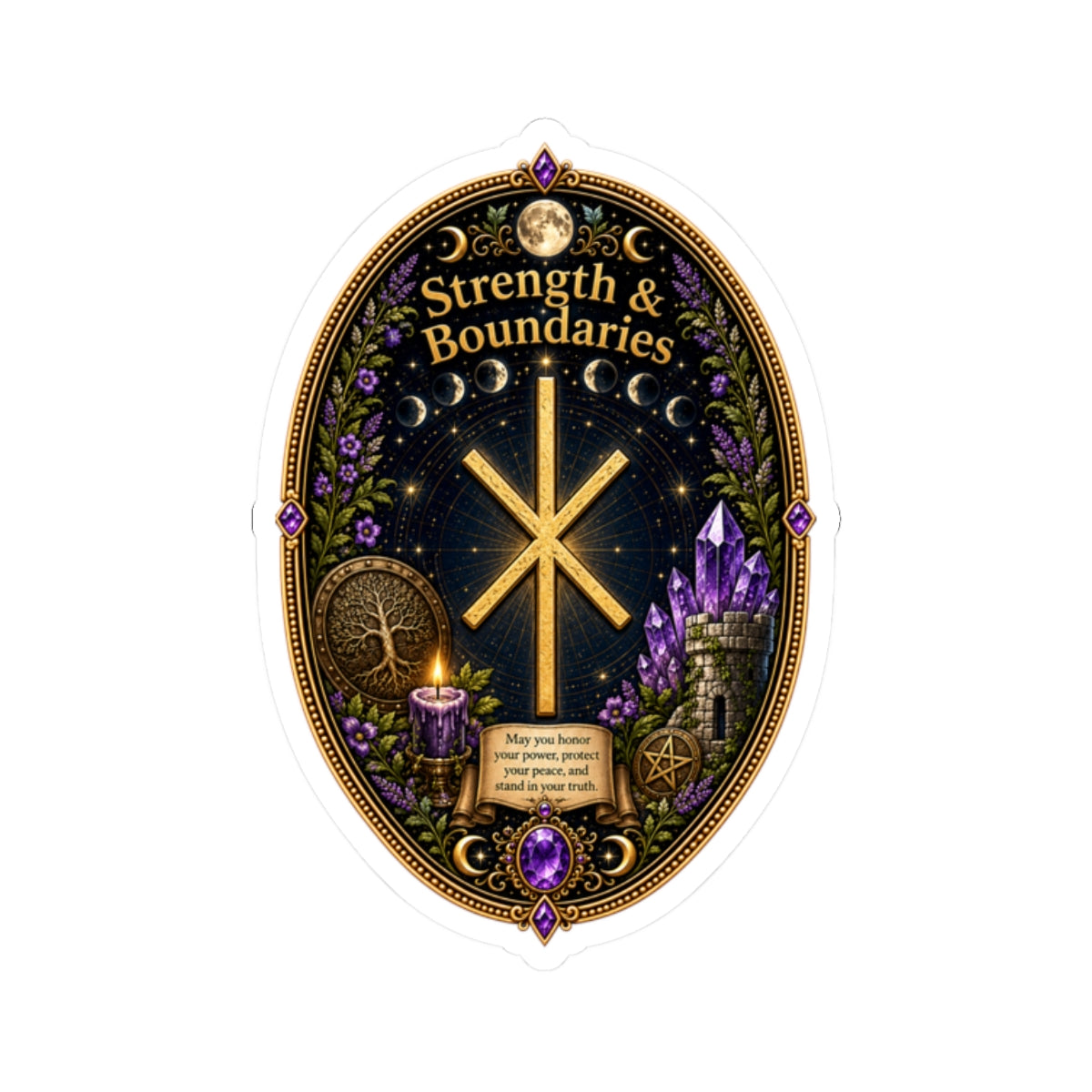 Strength & Boundaries Rune Sticker — Protective Rune, Crystals & Witchy Aesthetic Kiss-Cut Sticker