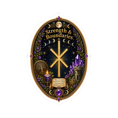 Strength & Boundaries Rune Sticker — Protective Rune, Crystals & Witchy Aesthetic Kiss-Cut Sticker
