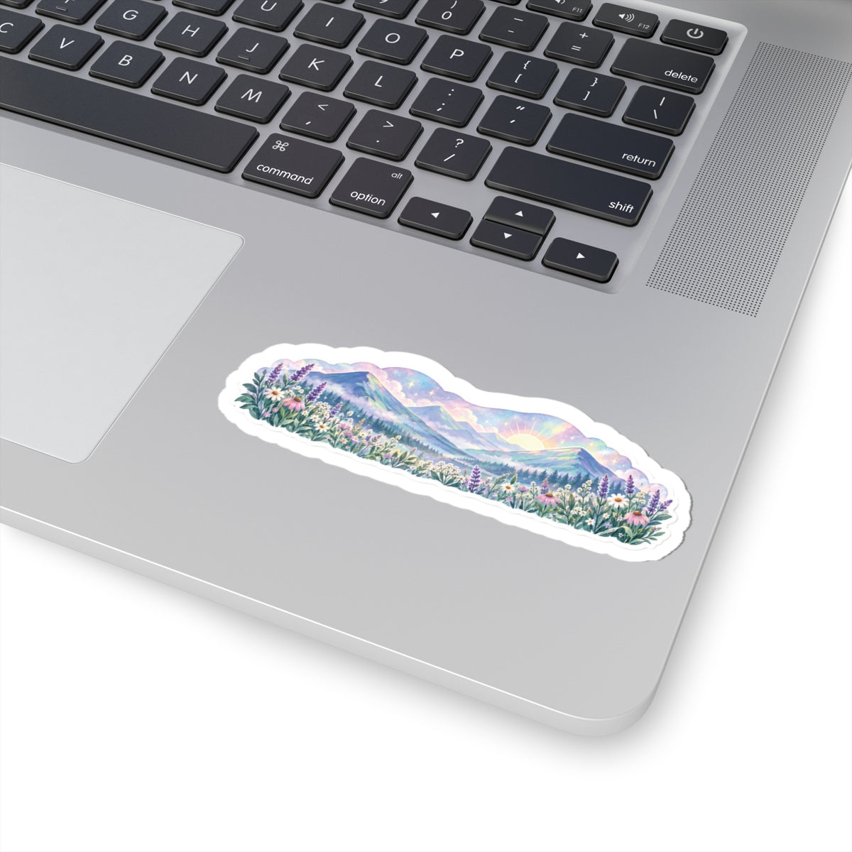 Pastel Mountain Sunrise Sticker — Floral Landscape Kiss-Cut Decal