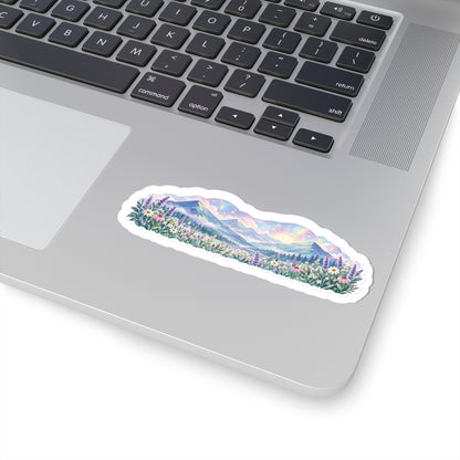 Pastel Mountain Sunrise Sticker — Floral Landscape Kiss-Cut Decal
