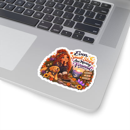 “Even Small Steps Are Moving Forward” Inspirational Hiking Sticker redhead girl
