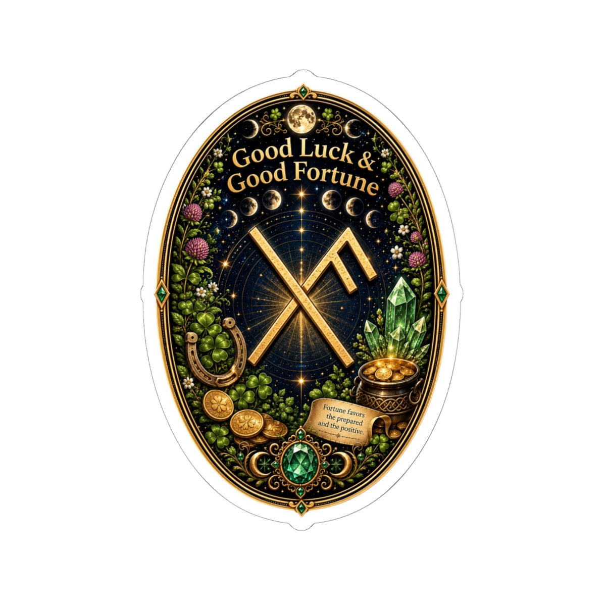 Good Luck & Good Fortune Rune Oval Sticker — Lucky Symbols, Crystals & Gold Coins Kiss-Cut Sticker