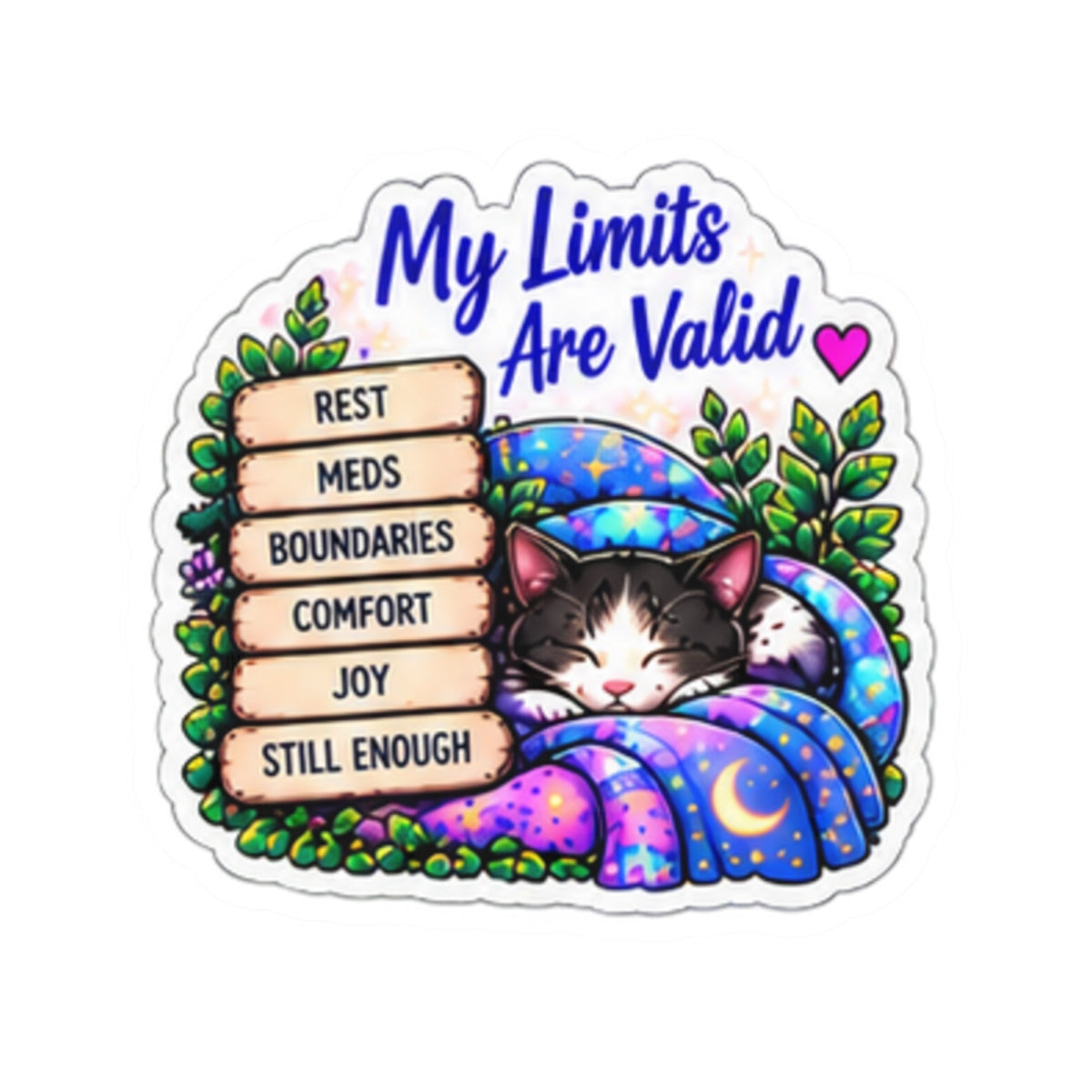 My Limits Are Valid Cat Sticker — Mental Health Affirmation Kiss-Cut Sticker