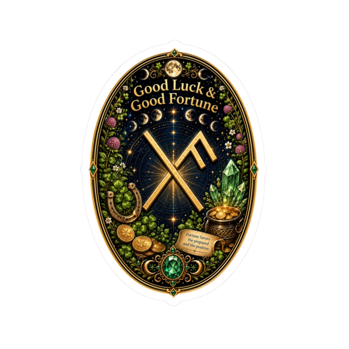 Good Luck & Good Fortune Rune Oval Sticker — Lucky Symbols, Crystals & Gold Coins Kiss-Cut Sticker
