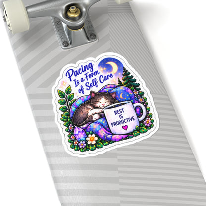 Pacing Is a Form of Self Care Kiss-Cut Vinyl Sticker (Rest Is Productive) Self Care Cat Sticker