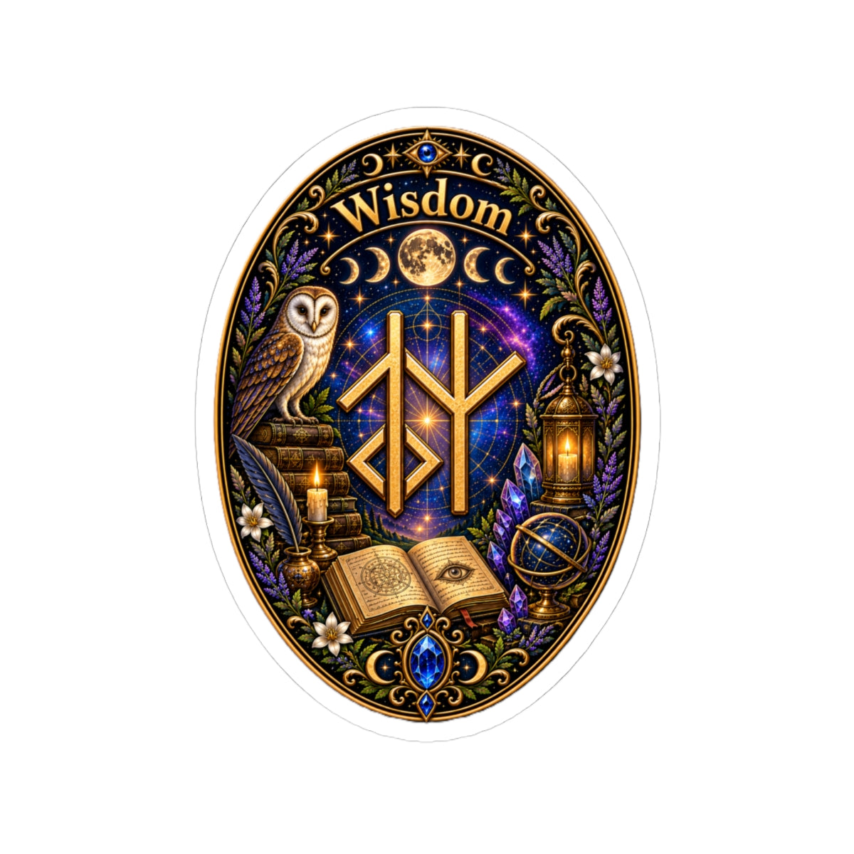 Wisdom Rune Sticker — Owl, Moon & Mystic Book Kiss‑Cut Sticker