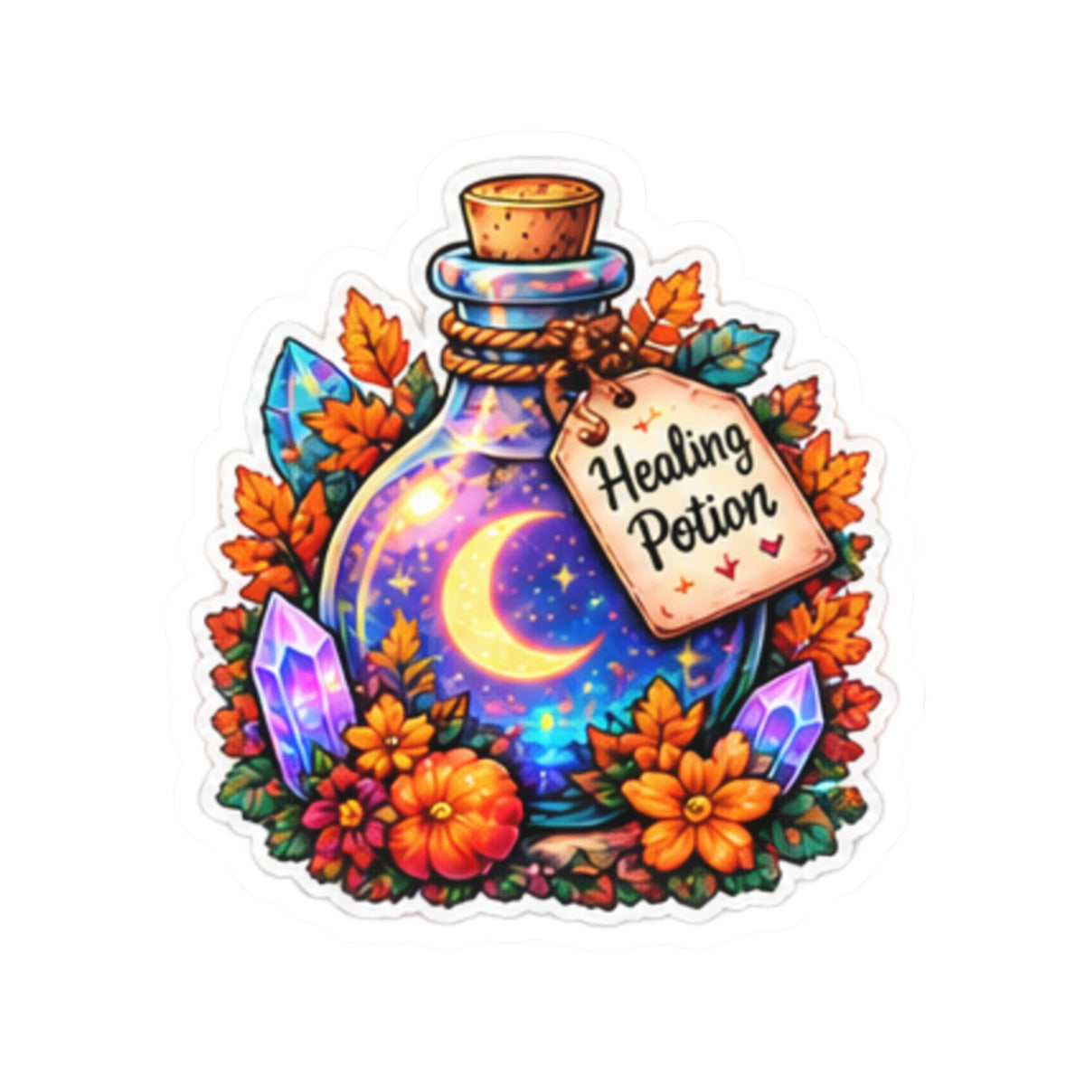 Healing Potion Magical Moon & Crystals Floral Sticker