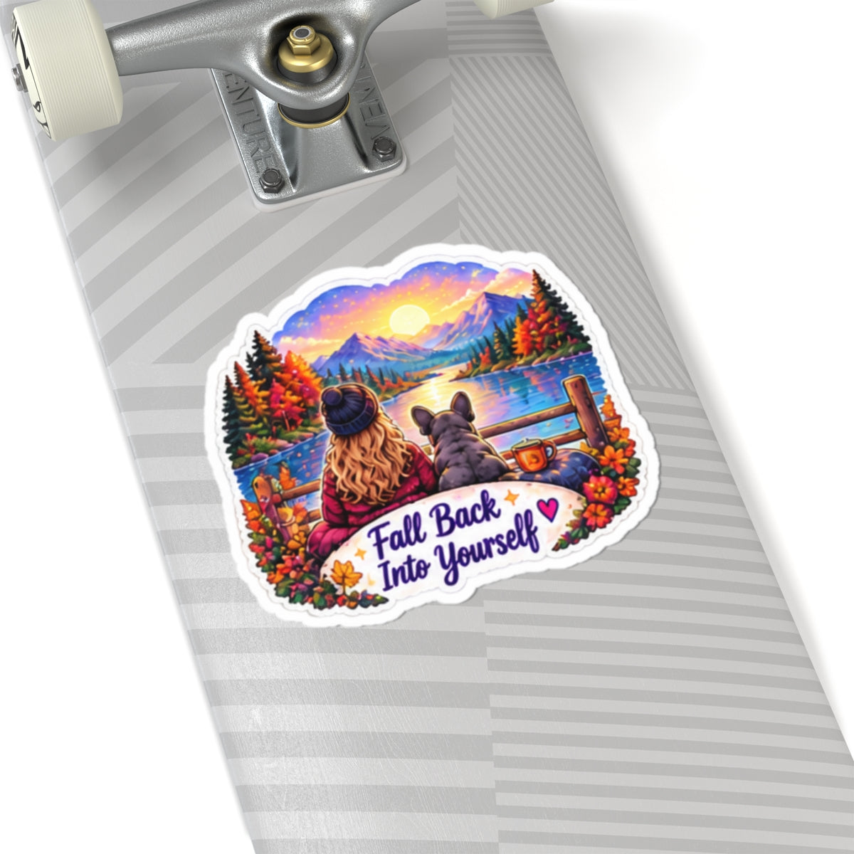 Fall Back Into Yourself Kiss-Cut Sticker — Cozy Autumn Lake Scene with Girl & Dog