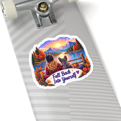 Fall Back Into Yourself Kiss-Cut Sticker — Cozy Autumn Lake Scene with Girl & Dog