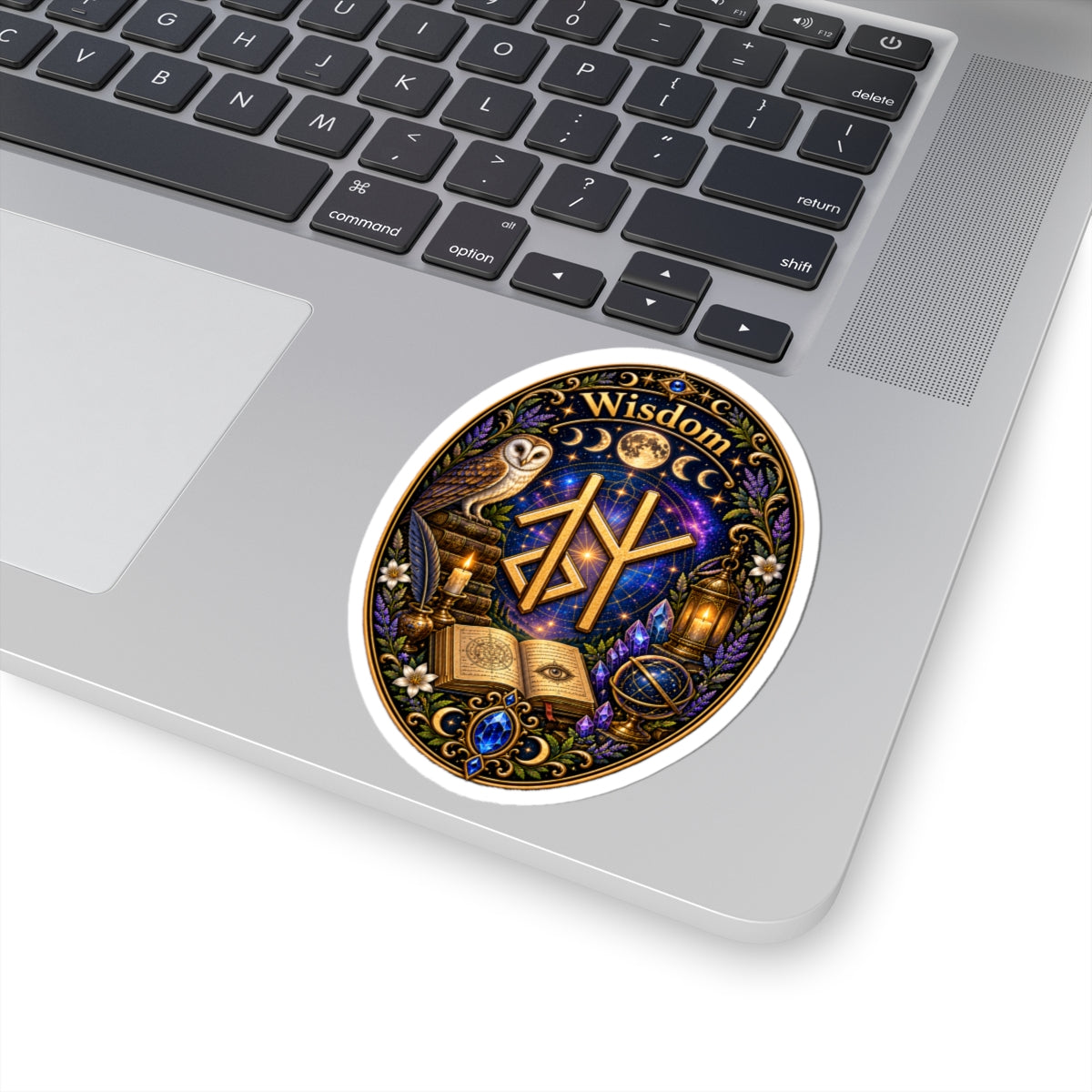 Wisdom Rune Sticker — Owl, Moon & Mystic Book Kiss‑Cut Sticker
