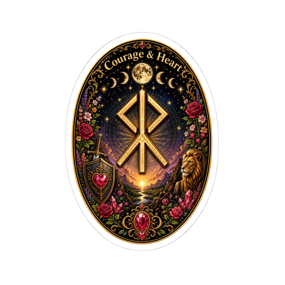 Courage & Hearts Rune Oval Sticker — Lion, Roses & Moon Rune Kiss-Cut Sticker