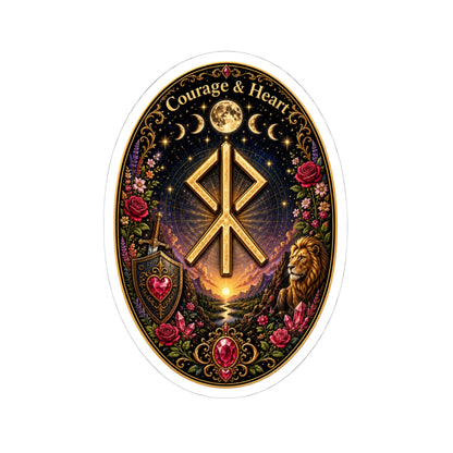 Courage & Hearts Rune Oval Sticker — Lion, Roses & Moon Rune Kiss-Cut Sticker