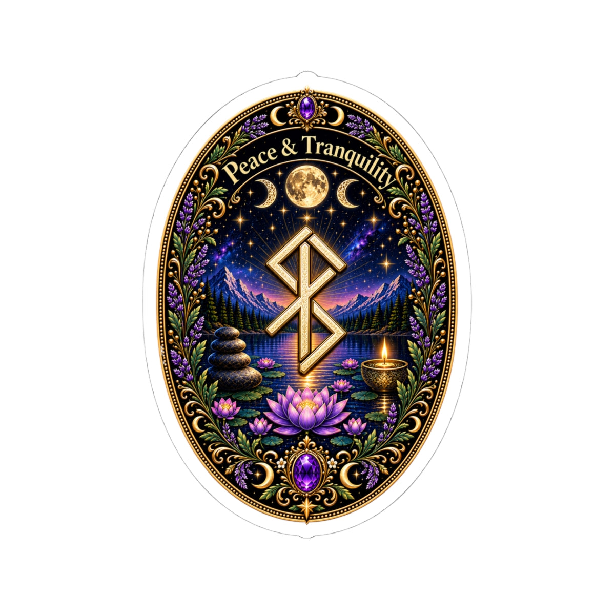 Peace & Tranquility Rune Meditation Sticker — Spiritual Lotus Nightscape Kiss-Cut Sticker