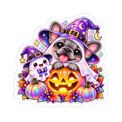 Halloween Frenchie & Ghost Sticker — Cute Witch Hat Jack-o'-Lantern Kiss-Cut Sticker