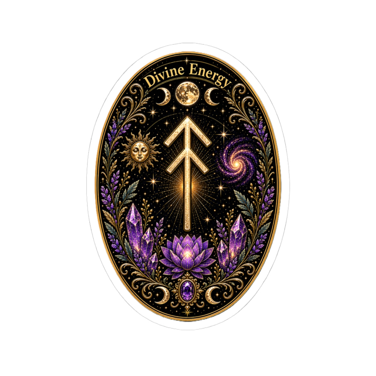 Divine Energy Rune Sticker — Spiritual Crystal & Lotus Kiss-Cut Decal