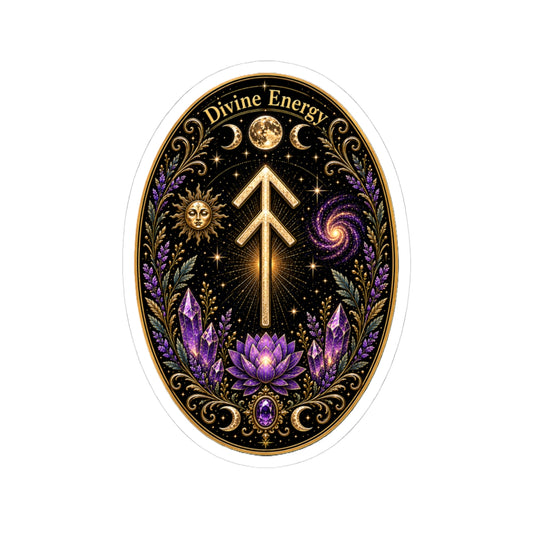 Divine Energy Rune Sticker — Spiritual Crystal & Lotus Kiss-Cut Decal