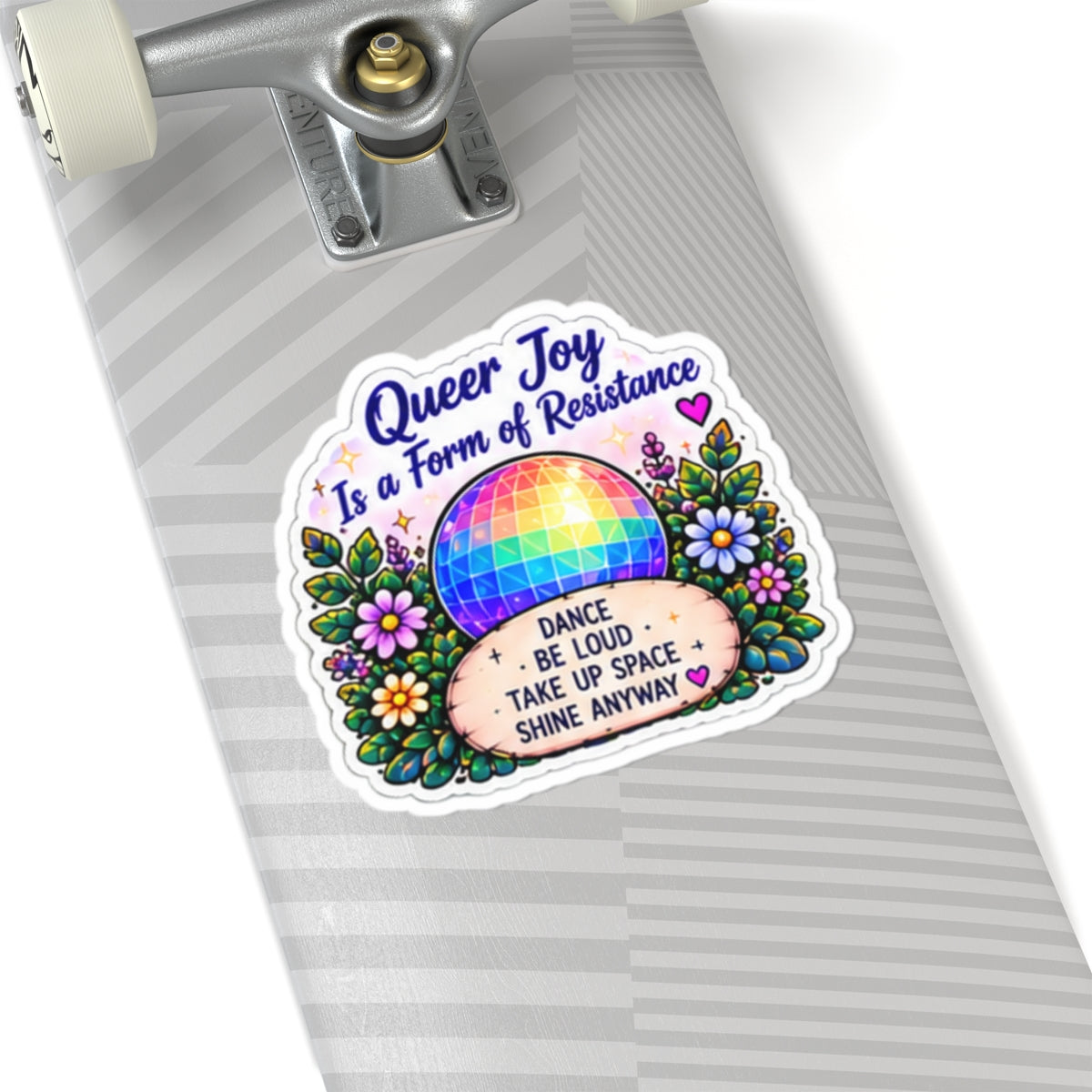 Queer Joy Is a Form of Resistance Sticker — Rainbow Disco Floral Vinyl Sticker