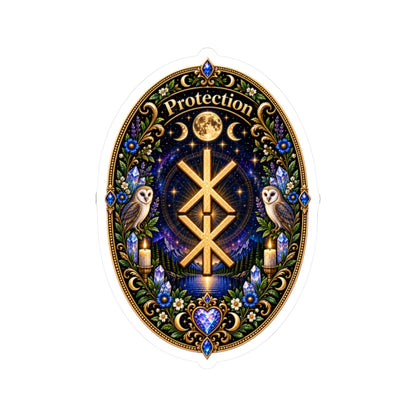 Protection Rune Sticker — Mystical Owl & Moon Kiss-Cut Sticker