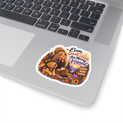 "Even Small Steps Are Moving Forward" Outdoor Adventure Motivational Sticker blonde girl