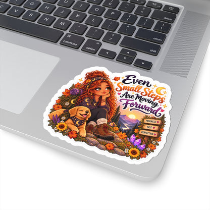 “Even Small Steps Are Moving Forward” Inspirational Hiking Sticker redhead girl