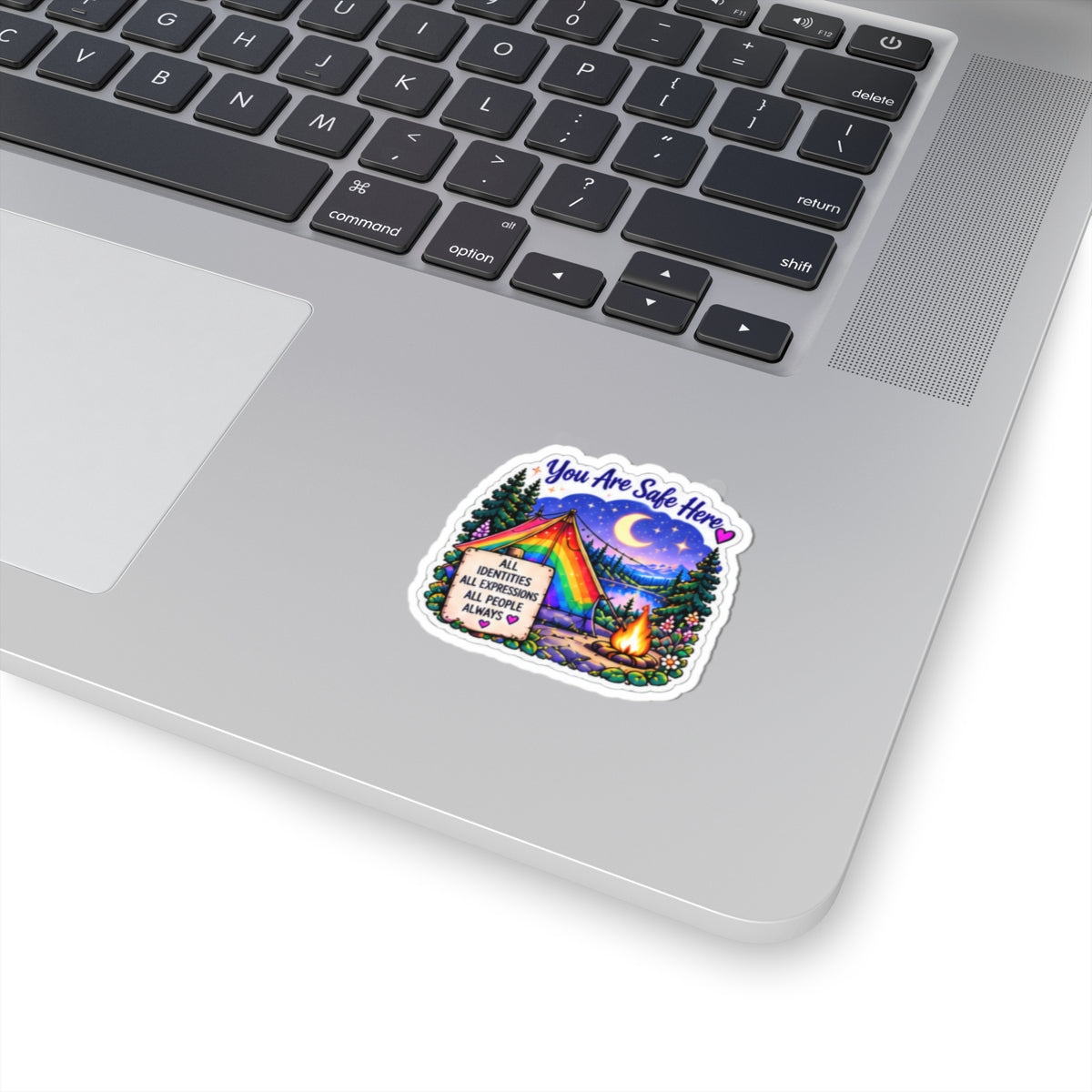 You Are Safe Here Rainbow Tent Sticker — LGBTQ+ Inclusive Camping Pride Kiss-Cut Sticker