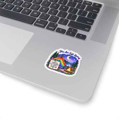 You Are Safe Here Rainbow Tent Sticker — LGBTQ+ Inclusive Camping Pride Kiss-Cut Sticker