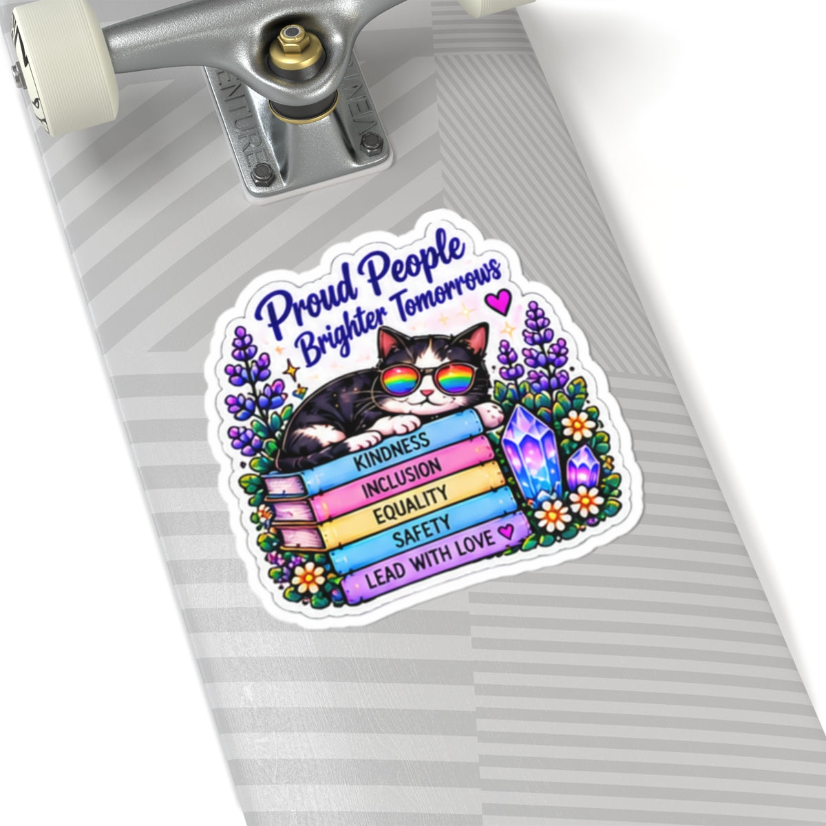 Proud People Brighter Tomorrow Sticker — Rainbow Cat on Books (Kindness • Inclusion • Equality • Safety)