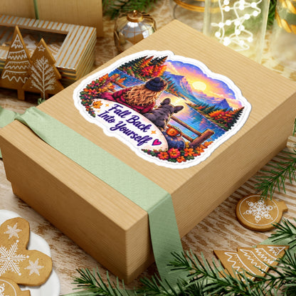 Fall Back Into Yourself Kiss-Cut Sticker — Cozy Autumn Lake Scene with Girl & Dog
