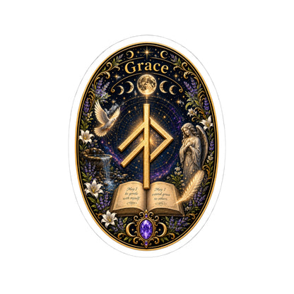 Grace Rune Kiss-Cut Sticker — Mystical Angelic Book & Moon Design